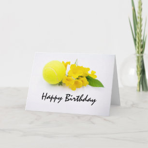 Tennis verjaardagskaart met tennisbal en bloemen kaart