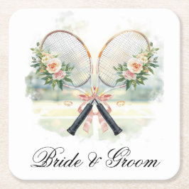 Tennis Wedding Racket with Flowers Bride & Groom  Vierkante Kartonnen Onderzetter