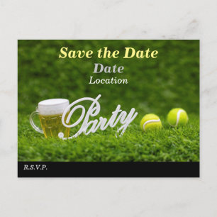 Tennisbal en bier slaan datum op voor feestpost briefkaart