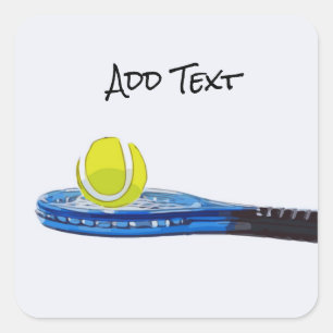Tennisbal en blauw racket op witte achtergrond vierkante sticker