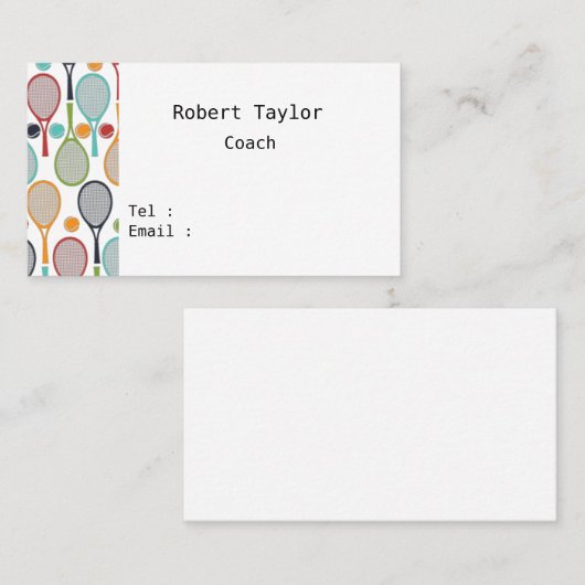 Tennisbal en kleurrijke racket op wit visitekaartje (Voorkant / Achterkant)