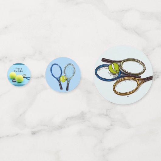 Tennisbal en racket Happy Birthday blauw Confetti (Achterkanten)