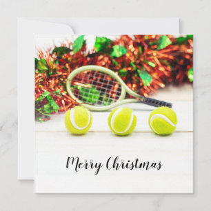 Tennisbal en racket met kerstversiering kaart