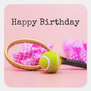 Tennisbal en racket met roze lintverjaardag vierkante sticker