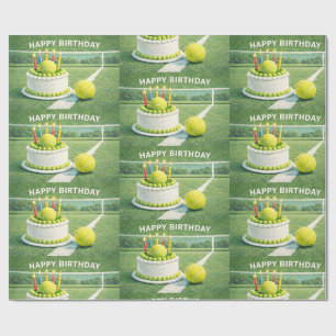 Tennisbal met happy birthday en cake op groen cadeaupapier