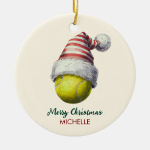 Tennisbal met kerstmuts Aangepaste Kerstmis Keramisch Ornament