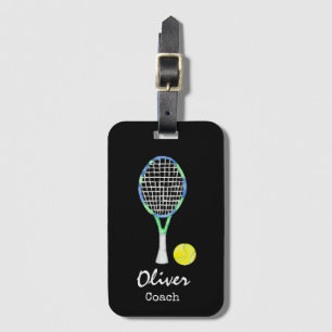 Tennisballen en racket op zwarte bagtag bagagelabel