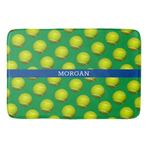 Tennisbalpatroon, witte naam, blauw en groen badmat
