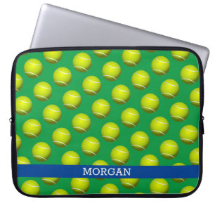 Tennisbalpatroon, witte naam, blauw en groen laptop sleeve