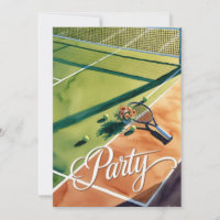 Tennisfeest uitnodiging met racket op het veld