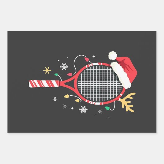 Tennispeddel met kerstmuts en kerstverlichting inpakpapier vel (Voorkant)