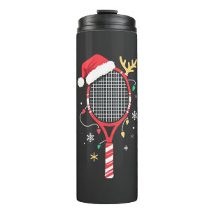 Tennispeddel met kerstmuts en kerstverlichting thermosbeker