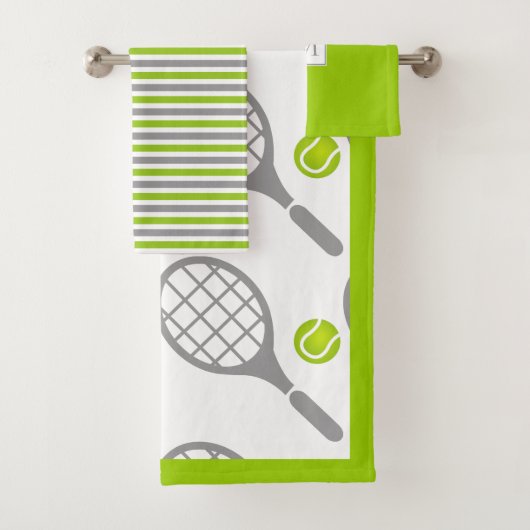 Tennisracket en bal, rand en monogram bad handdoek (Insitu)