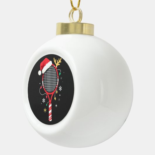 Tennisracket met Kerstmanhoed en Kerstverlichting Keramische Bal Ornament (Rechts)