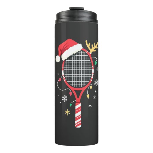 Tennisracket met Kerstmanhoed en Kerstverlichting Thermosbeker (Voorkant)