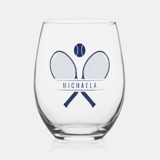  tennisrackets, tennisbal & naam wijnglas zonder voet