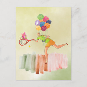 Tennisspeler en ballon voor verjaardag aquarel briefkaart