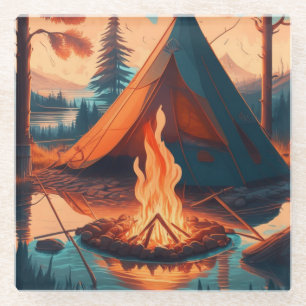Tent en Campfire  Kleuren Kunst Glazen Onderzetter