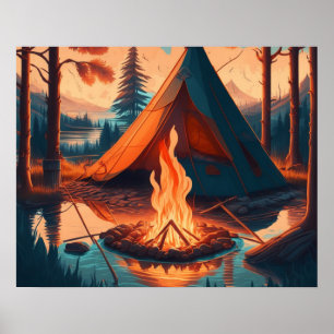 Tent en Campfire  Kleuren Kunst Poster