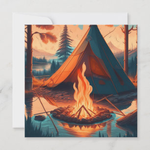 Tent en kampvuur vintage kleuren kunst