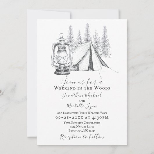 Tent en Lantern Camping Sketch All in One Wedding Kaart (Voorkant)