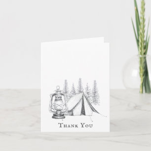 Tent, Lantern en Woodland Sketch Camping Wedding Bedankkaart