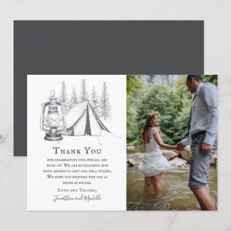 Tent, Lantern en Woodland Sketch Camping Wedding Bedankkaart