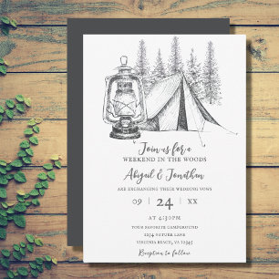 Tent, Lantern en Woodland Sketch Camping Wedding Kaart