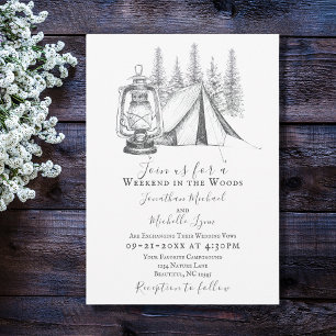 Tent, Lantern en Woodland Sketch Camping Wedding Kaart