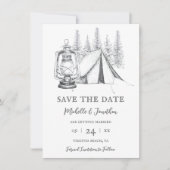 Tent, Lantern en Woodland Sketch Camping Wedding Save The Date (Voorkant)