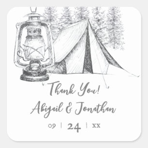 Tent, Lantern en Woodland Sketch Camping Wedding Vierkante Sticker