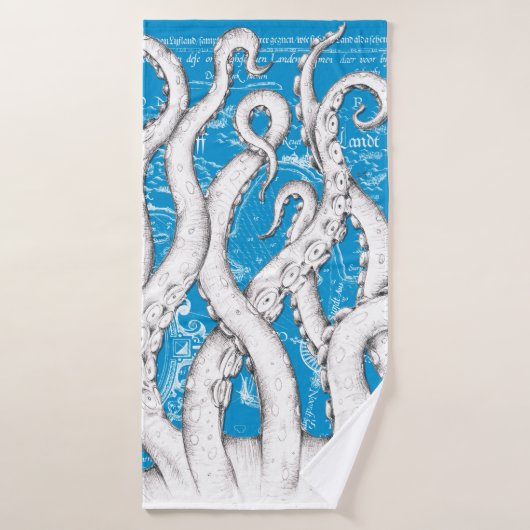 Tentacles blancs Octopus Carte Vintage Bleu Nautiq (Serviette de bain)