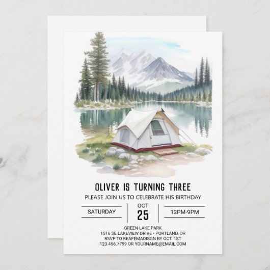 Tente d'aquarelle dans la forêt Invitation d'anniv (Devant / Derrière)