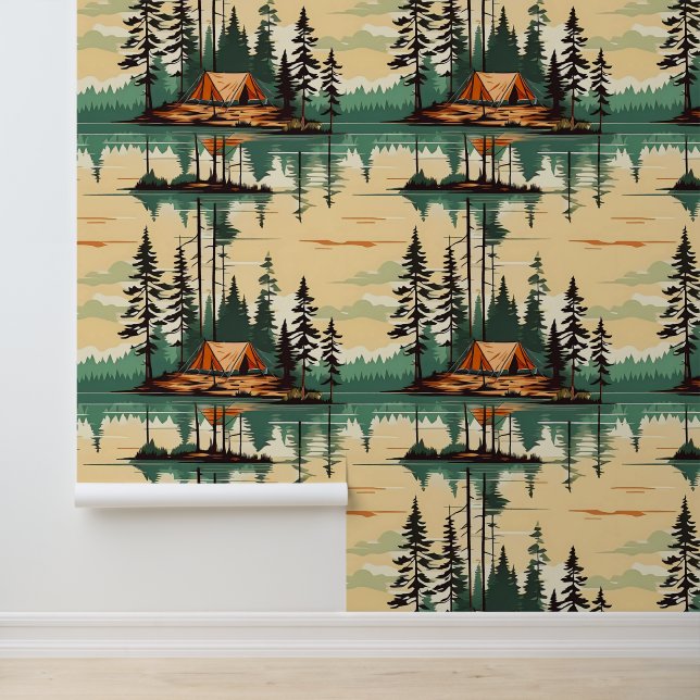 Tenten in het midden van Pine Trees Camping Behang (Applicatie)