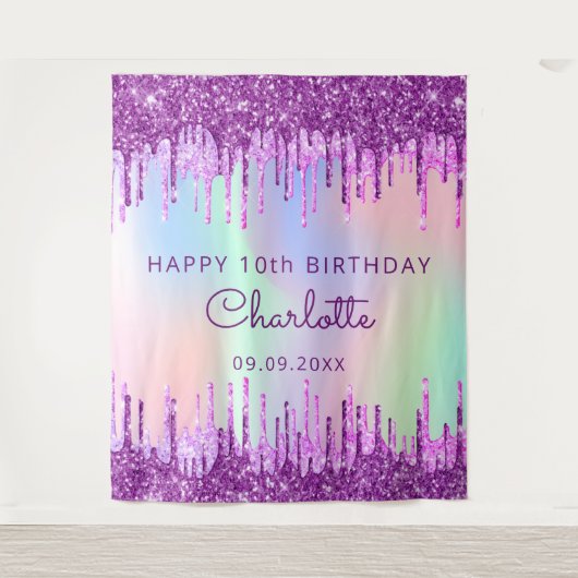 Tenture 10e anniversaire violet rose holographique (Devant)