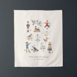 Tenture 12 Jours de Noël<br><div class="desc">Illustration de Noël adorable peinte à la main par Shelby Allison avec 1 perdrix dans un poirier, 2 tourterelles, 3 poules françaises, 4 oiseaux appelants, 5 anneaux dorés, 6 oies une ponte, 7 cygnes nageant, 8 domestiques trayant, 9 dames dansant, 10 seigneurs sautant, 11 pipers piping et 12 tambours.</div>