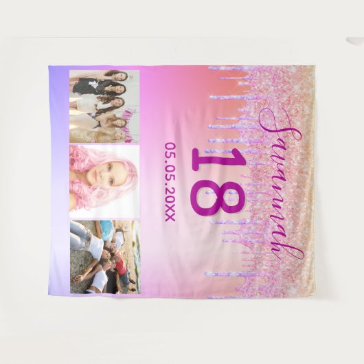 Tenture 18e anniversaire rose violet photo parties scintil (Devant (Horizontal))