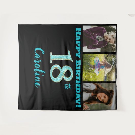 Tenture 18e fête d'anniversaire, Parties scintillant bleue (Devant (Horizontal))