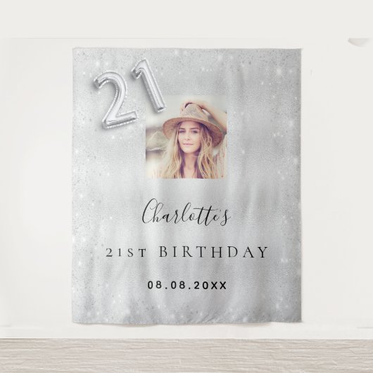 Tenture 21e anniversaire argent photo parties scintillant  (Devant)
