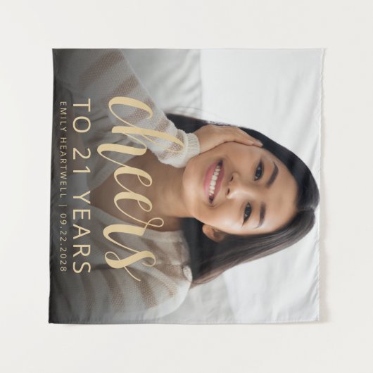 Tenture 21e anniversaire de fête Photo Gold Script Cheers (Devant (Horizontal))