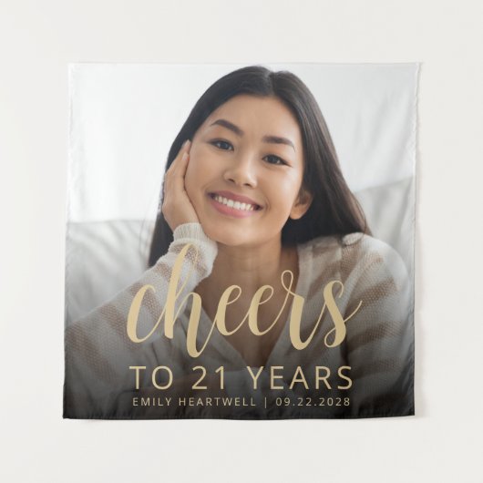 Tenture 21e anniversaire de fête Photo Gold Script Cheers (Devant)