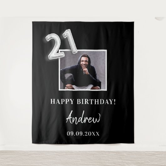 Tenture 21e anniversaire fête noir photo nom mec (Devant)
