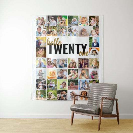 Tenture 21e anniversaire Hello Twenty One 40 Photo Collage (En situation)