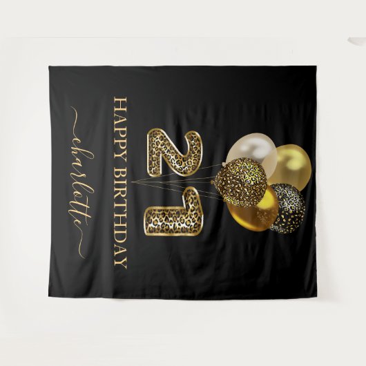 Tenture 21e anniversaire noir or léopard nom script (Devant (Horizontal))