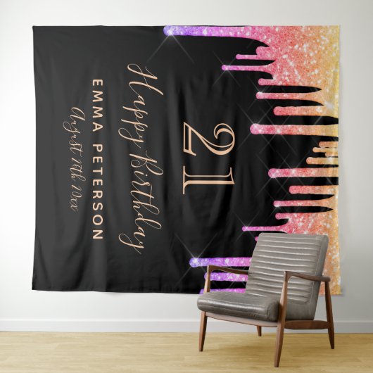 Tenture 21e anniversaire noir rose pourpre gouttes de part (En situation (horizontale))