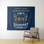 Tenture 21st Birthday 2002 Ajouter Nom Légende Blue Gold R<br><div class="desc">Anniversaire design Vintage "Original Quality Legendary Inspiration" tapisserie murale pour ce père spécial. Ajoutez le nom et l'année souhaités dans les champs modèles pour créer un élément unique de célébration d'anniversaire. Faites équipe avec les cadeaux,  accessoires de fête et vêtements correspondants disponibles dans notre magasin www.zazzle.com/store/thecelebrationstore</div>