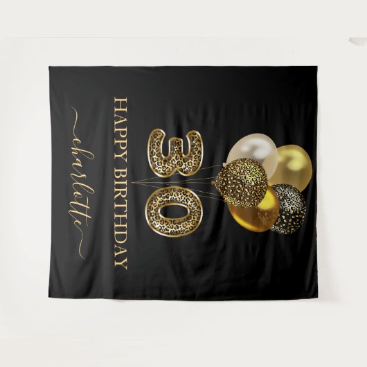 Tenture 30e anniversaire écriture nom léopard noir or (Devant (Horizontal))