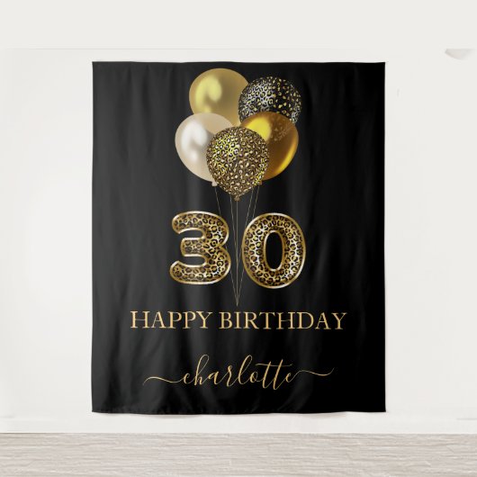 Tenture 30e anniversaire noir or léopard écriture nom (Devant)