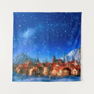Tenture 3d illustration of small alpine village at dawn. S