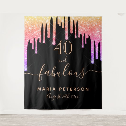 Tenture 40 fabuleux anniversaire noir rose gouttes d'or (Devant)